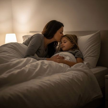 Young mother and her daughter lying in bed at home and kissing.の素材