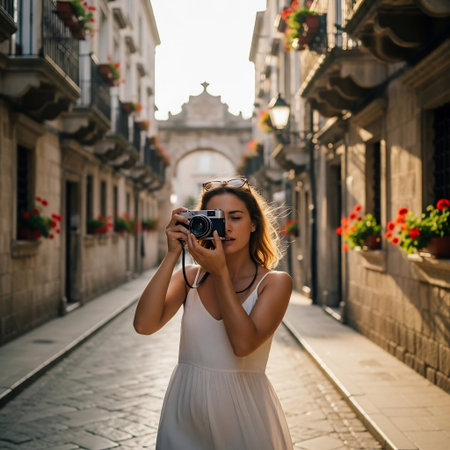 Beautiful girl in a white dress with a retro camera in the cityの素材