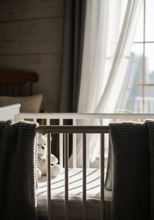 Baby room interior with crib and toys, selective focus, vintage toneの素材