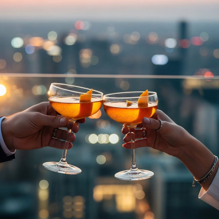 Close-up of male and female hands holding glasses of champagne with orange slices on the background of the city.の素材