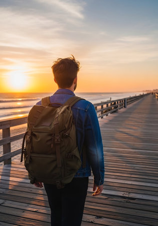 Back view of young man with backpack standing on wooden pier and looking at sunsetの素材