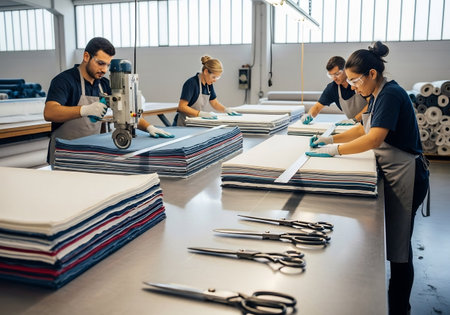 High angle view of a group of workers working in a furniture factoryの素材