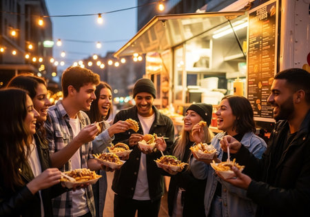 Group of friends eating fast food on the street in the evening.の素材