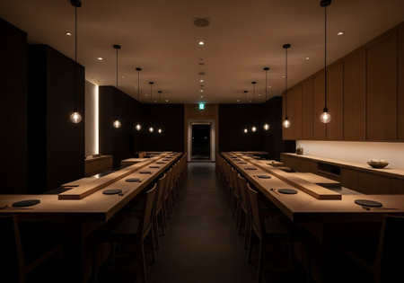 Interior of a restaurant with dark walls and wooden floor. 3d renderingの素材