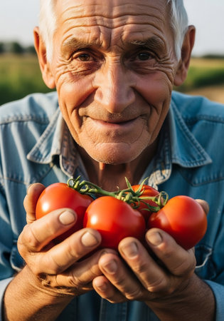 Portrait of smiling senior man holding fresh tomatoes in hands in fieldの素材