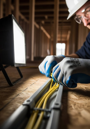 Electrician installing electrical cable on a wooden floor in a new houseの素材