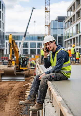 Portrait of a male engineer sitting on a construction site and talking on the phoneの素材