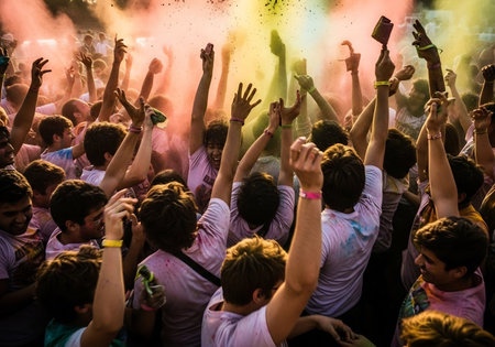 Crowds of people at the Holi festival in Barcelona, Spainの素材