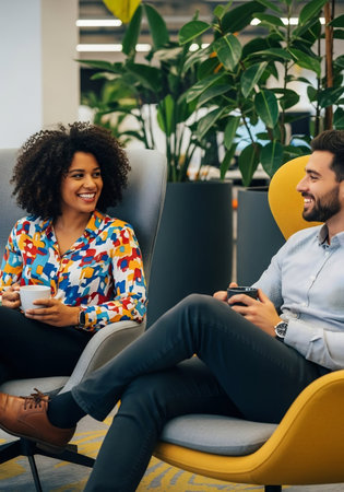 Cheerful man and woman sitting on chairs and drinking coffee in officeの素材