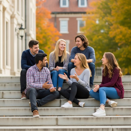 Group of young people sitting on stairs in the park, talking and laughing.の素材