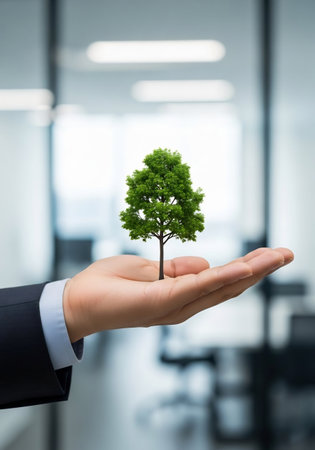 businessman holding a green tree in his hand, environmental protection conceptの素材