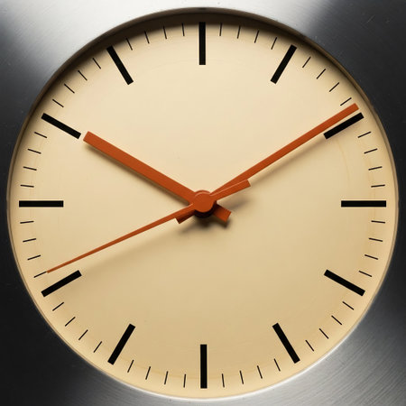 Close up of a wall clock showing five minutes to twelve o'clockの素材