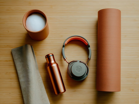 Sports equipment and a cup of coffee on a wooden background. Top viewの素材