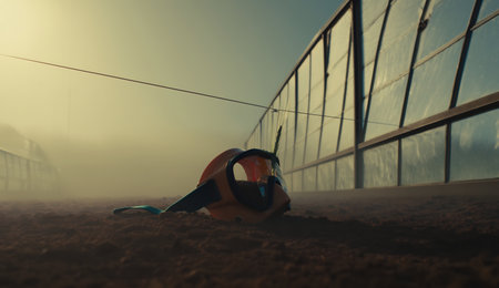 Beach volleyball helmet and ball on the sand in a foggy morningの素材