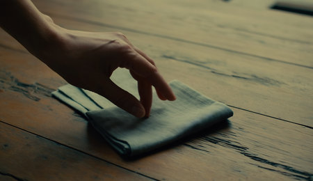 Hand cleaning wooden table with microfiber cloth. Selective focus.の素材