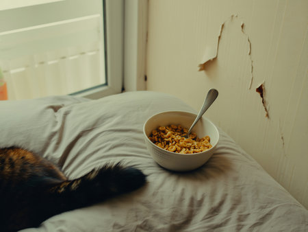 Cat eating cornflakes on the bed in the morning, selective focusの素材