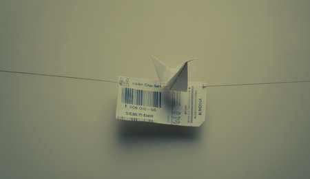 Paper origami ship on rope with barcode. Toned.の素材