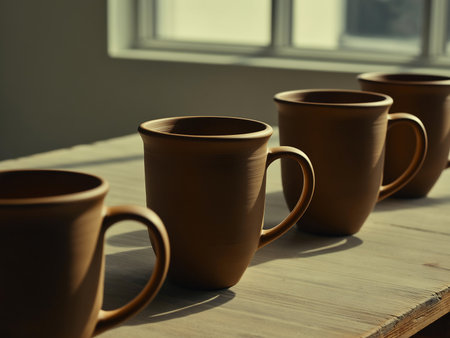 Coffee mugs on a wooden table in the sunlight.の素材
