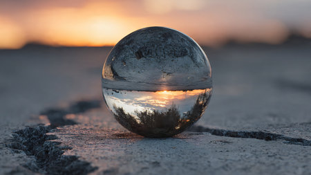 Crystal ball with reflection of the sunset in the sand. Conceptual image.の素材