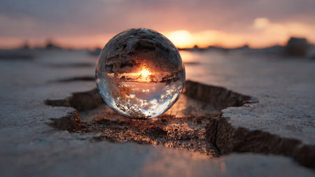 Crystal ball with sunset in the desert. Concept of global warming.の素材