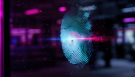 Fingerprint scan provides security access with biometrics identification.の素材