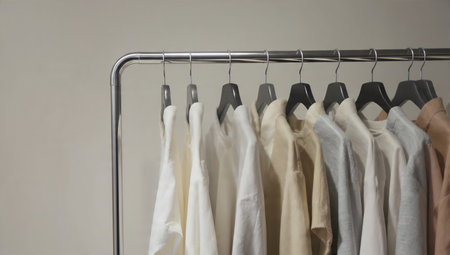 Clothes hang on a hanger in a modern dressing room.の素材