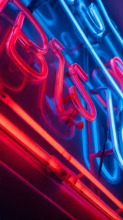Neon sign with red and blue lights on dark background. Neon signboard.の素材