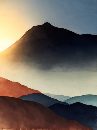 Digital painting of a beautiful mountain landscape at sunset. Vintage style.の素材