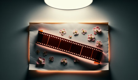 Film strip with cherry blossom on dark background. 3d renderingの素材