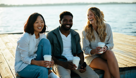 Group of young multiethnic friends sitting on a pier and drinking coffeeの素材