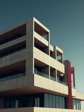 Modern apartment buildings on a sunny day with a blue sky. Facade of a modern apartment buildingの素材