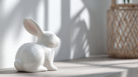 White easter bunny on white wooden table with shadow on wall.の素材