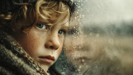 Closeup portrait of a sad young girl looking through the window.の素材