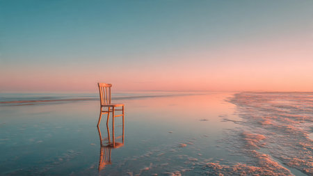 Sunrise on the beach with a chair in the foreground at sunsetの素材