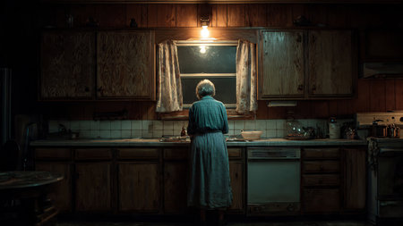 Elderly woman in the kitchen at night. Toning.の素材