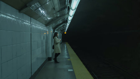 Woman walking on the platform of a subway station in the evening.の素材