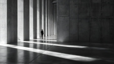 Silhouette of a businesswoman standing in an empty room. The concept of leadership and success.の素材