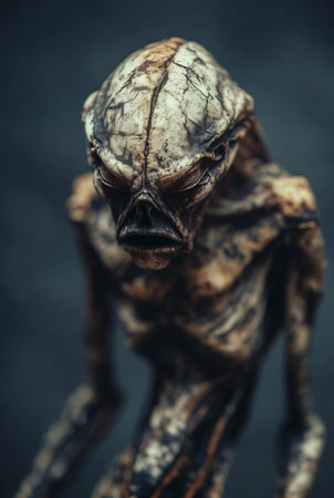 Sculpture of the figure of an alien on a dark background.の素材
