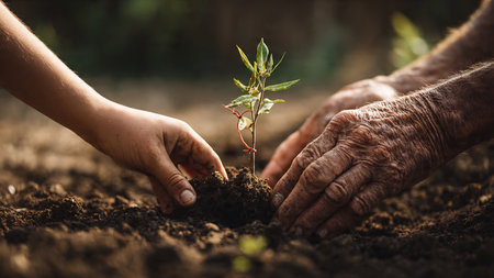 Elderly couple planting tree in the garden. Save earth concept.の素材