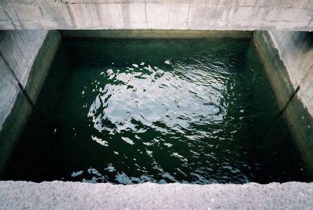 Closeup of the water flowing from a concrete pipe into the waterの素材