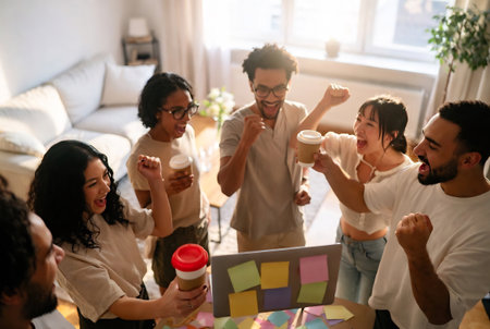Group of young business people celebrating success while standing in office and drinking coffeeの素材
