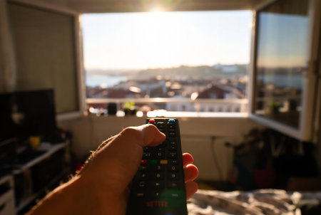 Hand holding a remote control on the background of a cityscape.の素材