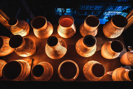 Jars of clay in a factory, close-up of photoの素材