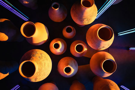 Ceramic vases in a museum, closeup of photoの素材