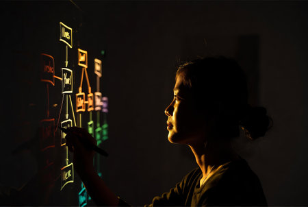 A girl writes on a blackboard with a marker in the darkの素材