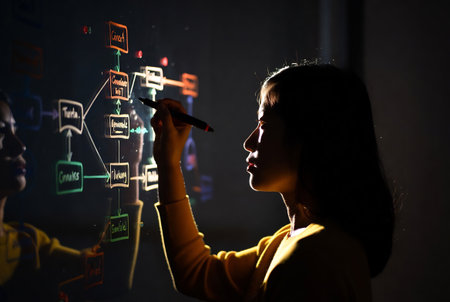 Side view of young businesswoman drawing business strategy plan on glass wall at nightの素材