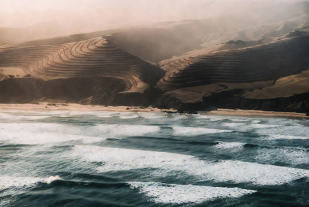 Aerial view of sand dunes at sunset, Fuerteventura, Canary Islandsの素材