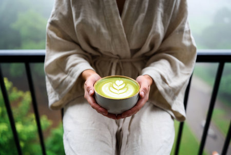 Woman holding a cup of matcha latte art on the terraceの素材