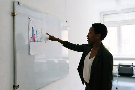 African American businesswoman pointing to a whiteboard with a graphの素材