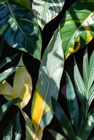 Tropical leaves background. Colorful leaves of a houseplantの素材